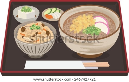 Japanese food_noodles
Soba set meal (cooked rice set)

Set of buckwheat with fried tempura and cooked rice