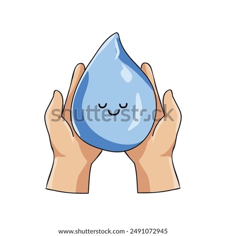 A blue water droplet is being held by two hands. The image conveys the importance of water and the need to conserve it