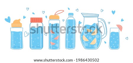 Drink more water. A set of water or liquid bottles. Vector. Isolated on white background.