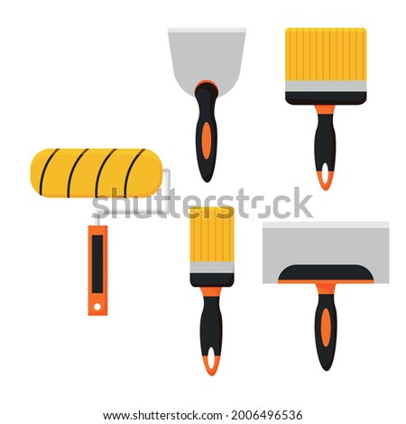Home renovation tool kit. Brushes and spatulas for painting walls at home. Vector illustration in flat, cartoon style. Сток-фото © 