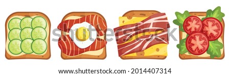 Variety of delicious sandwiches for breakfast, snacks, snacks.Sandwich with toast and ham, cheese and tomatoes, also with salad and bacon. Vector illustration in flat cartoon style.