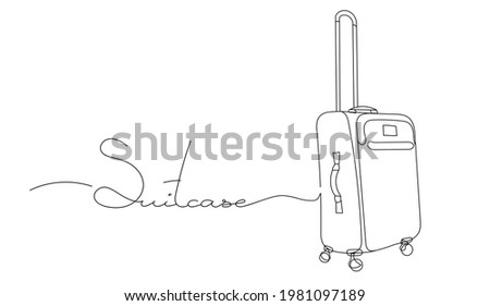 a suitcase drawn by hand in a single line isolated on a white background. Lettering the word suitcase. suitcase outline