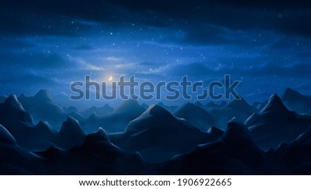 Night background of rocky mountains that stretch to the horizon under the moonlight. Fantasy landscape. Digital painting illustration