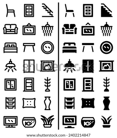 Interior icon set in outline and glyph style. Two style variants of interior vector icons in one pack. Black outline and solid glyph.
