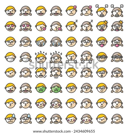 Multipurpose boy and girl expressions vector icon set in filled outline style