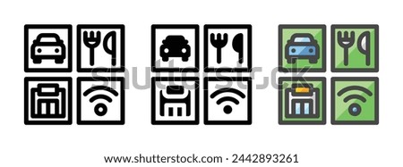 Multipurpose rest area vector icon in outline, glyph, filled outline style. Three icon style variants in one pack.