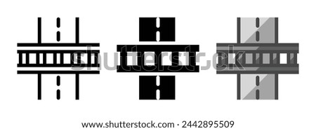 Multipurpose railroad crossing vector icon in outline, glyph, filled outline style. Three icon style variants in one pack.