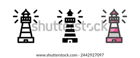 Multipurpose lighthouse vector icon in outline, glyph, filled outline style. Three icon style variants in one pack.