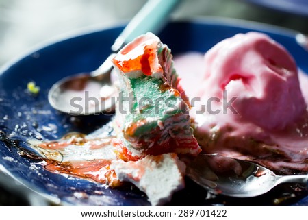 piece of cake with melt ice cream on dirty dish