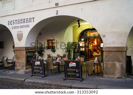 Prague, Czech Republic - 12, June, 2015.The small restaurant under the arches of the old house.