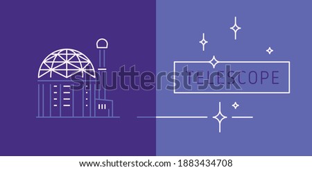 Vector linear icon observatory. Thin line contour symbol of telescope for astronomy science emblem, astrophysics concept logo design. Contour illustration telescope building in trendy minimal style.