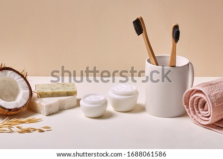 Similar – Image, Stock Photo Organic and eco-friendly hygiene and toiletries product showing sustainable lifestyle and ethical consumerism