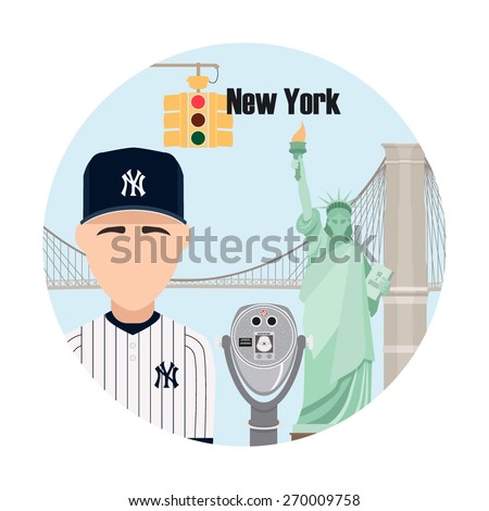 New York. Travel background and infographic. Colorful concept in flat style with famous landmarks and elements: the Statue of Liberty, Brooklyn bridge, yellow lights, telescope of Top of the Rock.