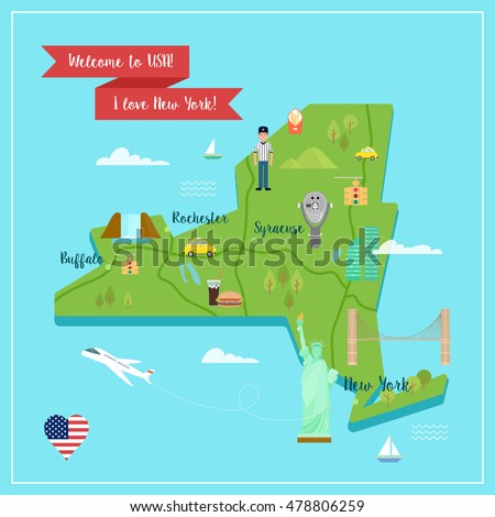 Colorful traveling postcard of New York with attractions and landmarks: the Statue of Liberty, Brooklyn bridge, yellow lights, telescope of Top of the Rock. Vector concept in flat style.