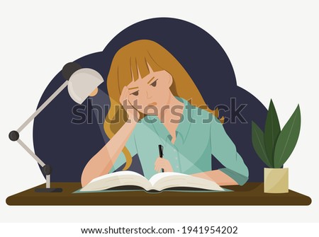 Vector illustration of a girl at a desk. A student does her homework late in the evening. The concept of hard, impossible homework. Drawing in a flat style.