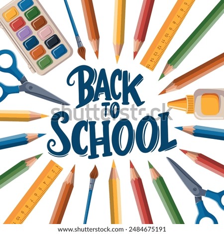 Back to school is a phrase that is often associated with the start of a new school year. This image features a variety of school supplies, including pencils, scissors, and a ruler