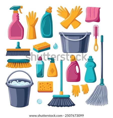 A set of cleaning supplies including a bucket, mop, and various cleaning products. Concept of cleanliness and organization