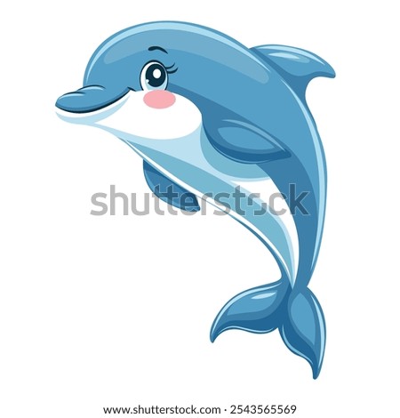 Vector illustration of a dolphin in cartoon style. Cute smiling dolphin on a white background.