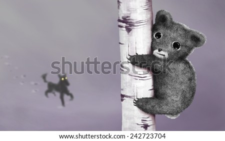 Hand drawn image of a little bear taking refuge on a birch tree from a hungry wolf.