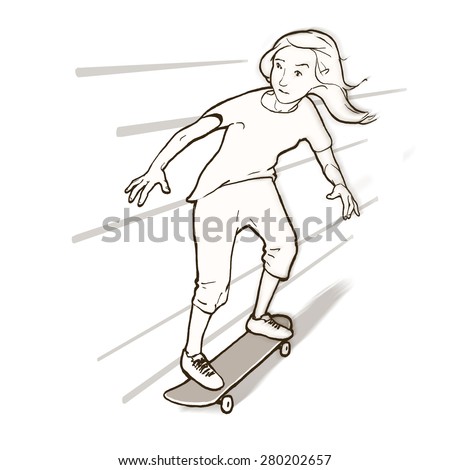 Drawn line image of a girl riding the skateboard fast down and abstract lines in the background.