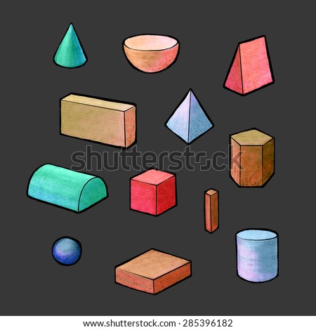 Drawn image of an abstract geometric simple shapes like cone, cube, sphere, prism, cylinder and spire in different colors.