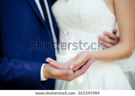 Bride\'s and groom\'s hands with flying rings