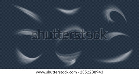 Set of white airflow wave effects. Design element to visualize the flow of air or water. Isolated on transparent background.