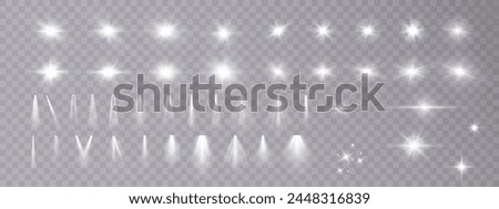 Set of white light spotlights, flashes of light on a transparent background. Vector glowing light effect.	