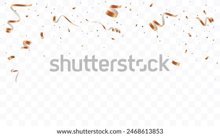 Confetti on a transparent background. Falling shiny golden confetti. Bright golden holiday tinsel. Holiday design elements for web banner, poster, flyer, invitation. Vector 10 EPS	
