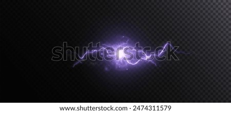 Realistic bright electric lightning discharge with glowing explosion effect with sparks and glare. Vector 10 EPS