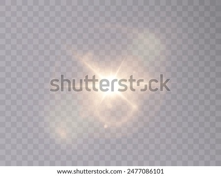 Glowing light PNG explodes, the light flashes golden color. Ray of bright sun PNG. Special glare effect. Bright flash.