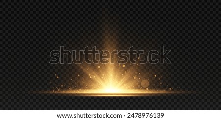 The effect of a bright golden flash of light on a transparent background with rays and glare. Light yellow light blur effect. Vector illustration 10 EPS for web design.