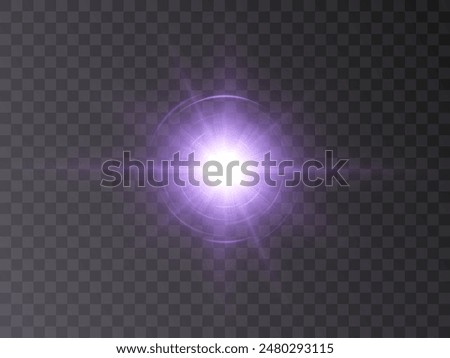 Light effect. Abstract purple star flash of light and laser beams with glitter. Isolated on transparent background. Art and web design vector.	