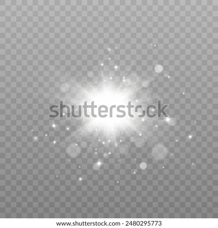 White glowing light explodes on a transparent background. Bright Star. Transparent shining sun, bright flash. Vector graphics.