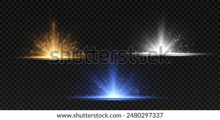  The effect of a bright flickering flash of light on a transparent background with rays and highlights. Glowing bright light explosion effect. Vector illustration 10 EPS for web design.