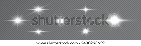 Vector light effects. Set of white light lens effects on transparent background. Transparent vector sunlight for web design and illustrations.