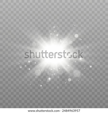 Light effect of white glowing light. Solar flare. Glow effect. Starbursts with shimmering sparkles for web design and illustrations	
