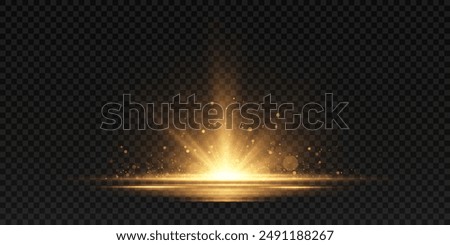 A bright golden light effect with deep highlights and multiple rays. Bright sun. Effect of a bright star. Vector for web design