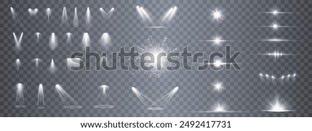 A large set of different abstract light effects: spotlight, glare, explosion, spark, dust, line, solar flare, sparks and stars, swirls. Lens reflection light glare of sunlight