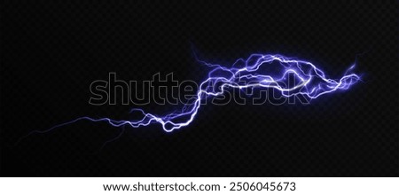 Light effect of realistic lightning. Natural effect of bright thunderstorm lightning. Vector on dark background