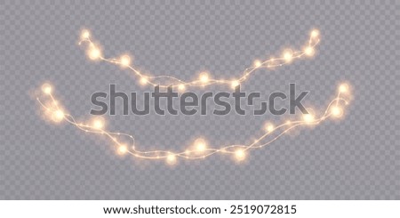 Garland of Christmas lights. Festive bright lights of bulbs. Christmas light garland isolated on transparent background with glitter. For New Year and holiday design.