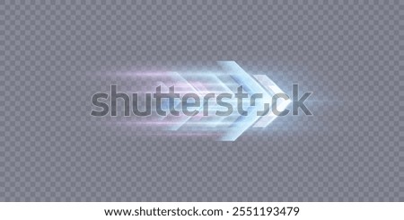 Light effect of technological high-speed movement of the arrow of light speed bright glow on transparent background. Dynamic movement of the arrow of energy of light of high speed.	
