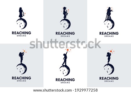 Set of Kids Reach Dreams logo with Moon symbol, Reaching Star logo