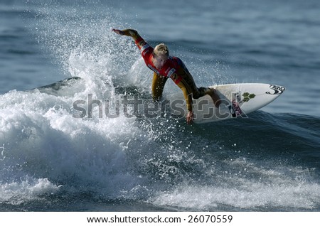 ERICEIRA, PORTUGAL - AUGUST 26 : An unidentified male surfer surfing a wave at Buondi Billabong Pro surfing event in Ericeira, Portugal August 26, 2008.