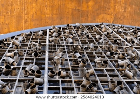 Similar – Image, Stock Photo Stacked up, rusty metal barrels are reflected in puddle