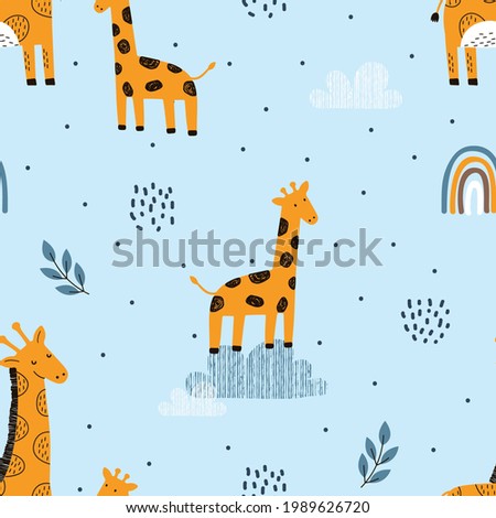 Vector seamless repeating color hand-drawn baby pattern with cute giraffe. Pattern for kids with giraffe and baby giraffe doodles. Cute baby animals