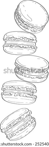 Vector hand drawn illustration of Coffee break sweets. Macaron cookies. Trendy café line art sketch. 