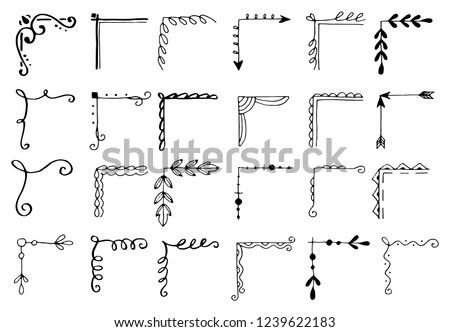 Hand drawn set of corner with different shapes: flourish, flower decoration. Isolated vector illustration for wedding, greeting banner design. Doodle sketch style. Corners drawn by brush-pen. 