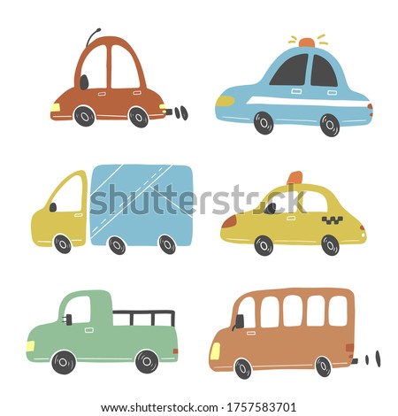 Set of cartoon cute kids and toy style cars and other transport, truck, taxi, fire truck, ship, excavator, bus, air balloon. Isolated vector illustration.