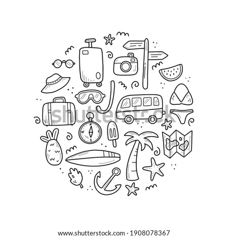 Hand drawn set of travel summer vacation elements, luggage, map, suitcase, sea star. Doodle sketch style. Travel element drawn by digital pen. Illustration for banner, background, icon, logo design.